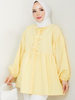 Sarı Poplin Kumaş Fiyonklu Balon Kol Tunik