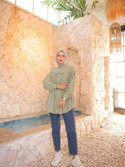 Yeşil Beli Büzgülü Bağlamalı Tunik