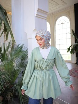 Yeşil Beli Büzgülü Lastikli Kimono Tunik