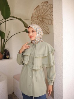 Yeşil Çift Pelerinli Beli Bağlamalı Tunik