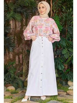 Düğmeli Kot Etek Beyaz