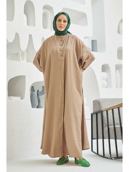 Modal Süs Düğmeli Abaya Vizon