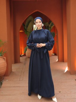 Lacivert Büzgü Yaka Kurdelalı Abiye Elbise