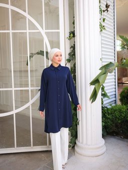 Lacivert Dubai İpeği Gömlek Tunik
