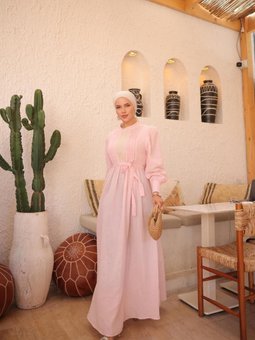 Pembe Dantel Ve Nervürlü Müslin Elbise