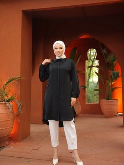 Siyah Dubai İpeği Gömlek Tunik