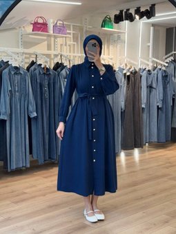 Lacivert Arkası A Pile Düğmeli Kuşaklı Elbise