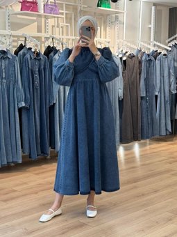 Lacivert Göğsü Çift Katlı Pileli Kot Elbise