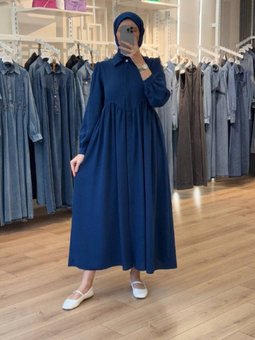 Lacivert Göğüs Altından Dalga Büzgülü İnce Krep Kap Ferace