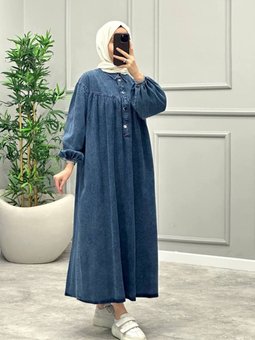 Lacivert Robadan Büzgülü Balon Kollu Denim Kot Elbise