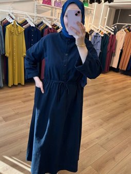 Lacivert Yanları Cepli Önü Düğmeli Pamuklu Keten Elbise