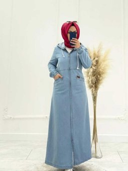 Mavi Fermuarlı Kapüşonlu Cep Detaylı Denim Kot Kap Pardesü