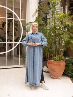 Mavi Yırtmaç Detaylı Düğmeli Gömlek Elbise Denim Kap Pardesü