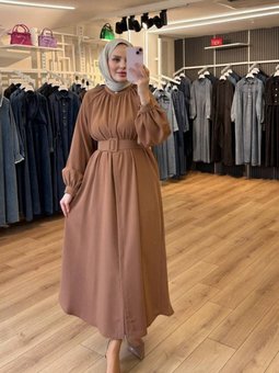 Sütlükahve Boynu Ve Kolları Büzgülü Kemerli İnci Düğmeli Kap Pardesü