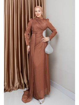 Beli Taş Ve Büzgü Detaylı Yoryo İpek Taba Abiye Elbise