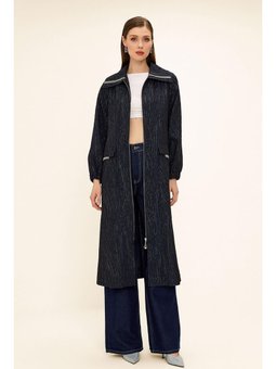 Fermuarlı Taş Zincir Detaylı Astarlı Simli Jakar Lacivert Kap