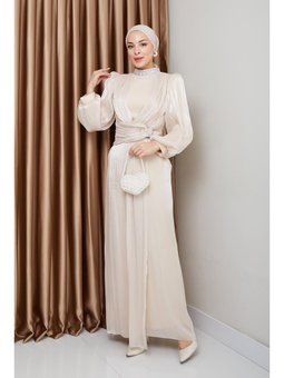 Fiyonk Ve Yakası Taş Bezeli Yoryo İpek Krem Abiye Elbise