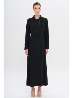 Gömlek Yaka Fermuar Ve Çıt Kapamalı Astarlı Siyah Pardesü