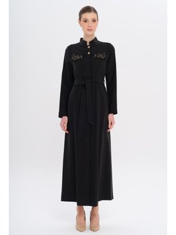 Hakim Yaka Boncuk Ve İşleme Detaylı Astarsız Modal Siyah Pardesü