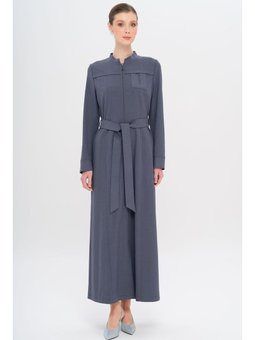 Hakim Yaka Fermuar Kapamalı Desen Detaylı Astarsız İndigo Pardesü