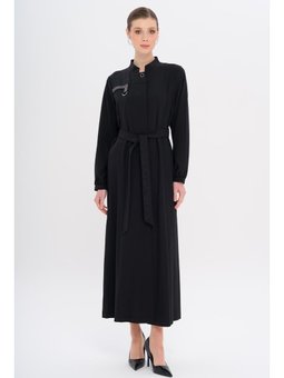 Hakim Yaka Taş Ve Desen Detaylı Astarsız Siyah Pardesü