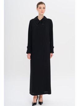 Mendil Yaka Düğmesi Taşlı Saten Detaylı Astarlı Büyük Beden Siyah Pardesü