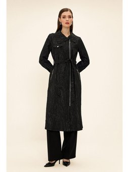 Mendil Yaka Fermuar Kapamalı Simli Jakar Desenli Astarsız Siyah Kap