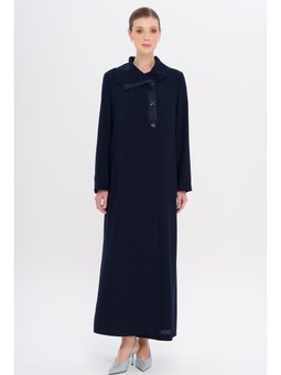 Saten Garnili Düğmeleri Taşlı Astarlı Büyük Beden Lacivert Pardesü