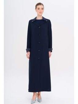 Üst Yakası Saten Garnili Taş Aksesuarlı Astarlı Büyük Beden Lacivert Pardesü