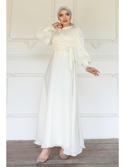 Yandan Bağlamalı Manşet Detaylı Yoryo İpek Abiye Elbise Ekru
