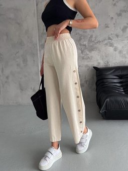 Bej Yan Düğmeli Bol Paça Lastikli Yazlık Pantolon