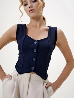 Lacivert Krep Kumaş Düğmeli Yelek