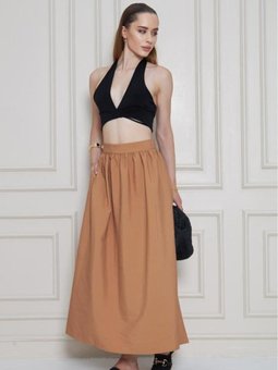 Karamel Uzun Paraşüt Kumaş Yazlık Gizli Fermuarlı Etek