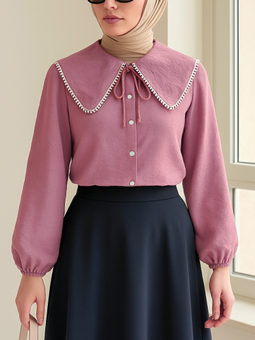 Bebe Yaka Dantelli Kolu Lastikli Pudra Gömlek