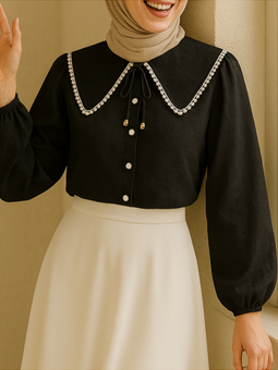 Bebe Yaka Dantelli Kolu Lastikli Siyah Gömlek