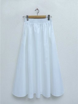 Beli Lastikli Çift Cepli Poplin Kloş Beyaz Etek