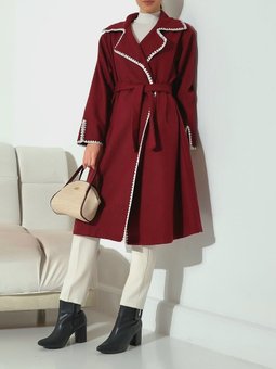 Bordo Çoban Dikiş Belden Bağlamalı Kaşe Kaban
