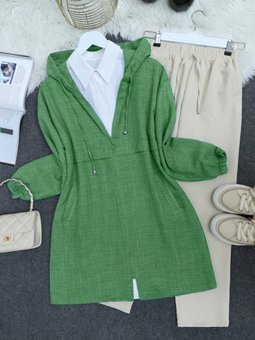 Cep Detaylı Keten Yeşil Kap