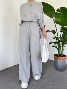 Çift Cepli Yarım Yarasa Kol Salaş Gömlek Gri Takım