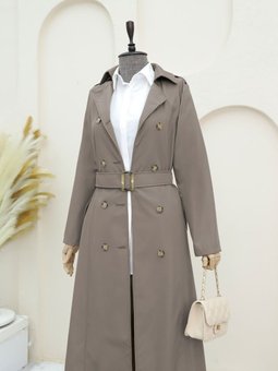 Çift Düğmeli Kemerli Taş Trençkot