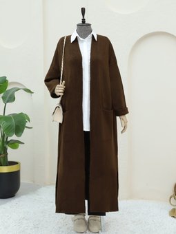 Etek Ucu Örgü Desen Çift Cepli Uzun Triko Kahve Hırka