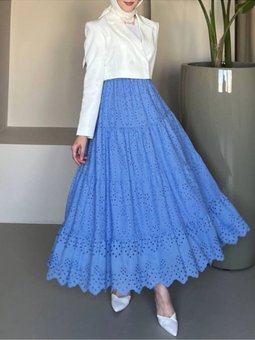 Fisto İşlemeli Katlamalı Mavi Etek