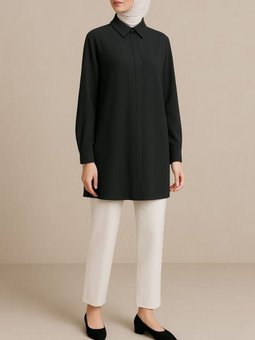 Gizli Düğmeli Klasik Yaka Siyah Gömlek Tunik