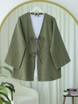 Haki Önü Bağcıklı Keten Kimono