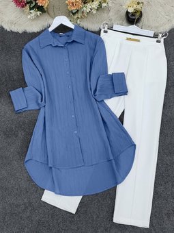 İndigo Çizgi Desenli Arkası Uzun Düğmeli Gömlek