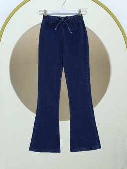 İspanyol Paça Bağcık Detaylı İndigo Kot Pantolon