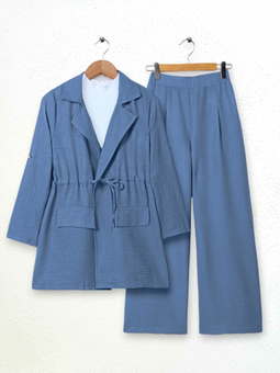 Kapaklı Tünel Köprülü Ceketli Keten İndigo Takım