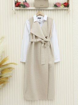 Kemerli Uzun Buklet Bej Yelek