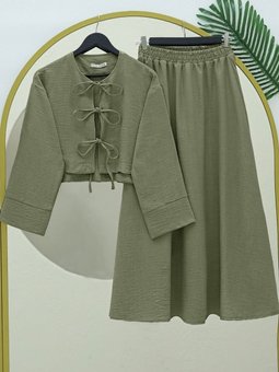 Önü Bağcıklı Beli Lastikli Etekli Keten Haki Takım