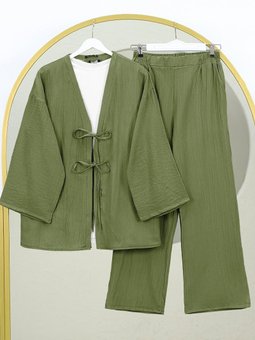 Önü Çift Bağcıklı Pantolonlu Krınkıl Haki Takım